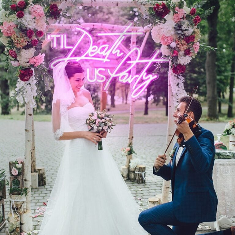 A vibrant and modern photograph of a wedding ceremony or proposal set outdoors, blending traditional romance with a contemporary touch.